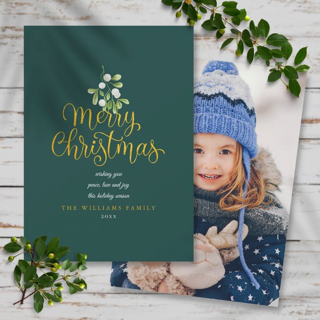 Tarjeta Festiva Mistletoide Gold Script Merry Christmas Photo (Mistletoe Gold Script Merry Christmas Photo Holiday Card)