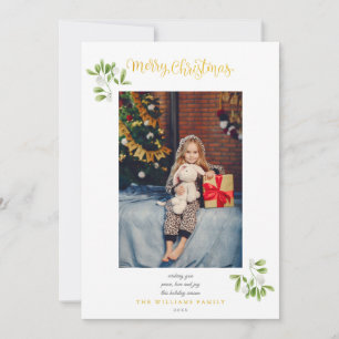 Tarjeta Festiva Mistletoide Gold Script Merry Christmas Photo