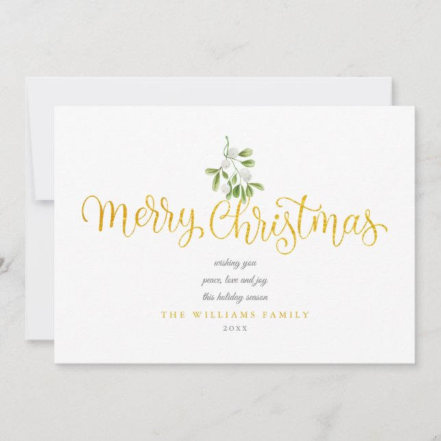 Tarjeta Festiva Mistletoide Gold Script Merry Christmas Photo (Anverso)