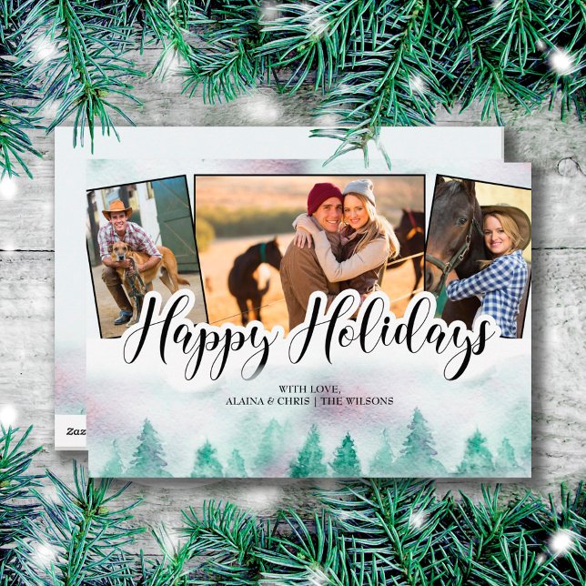 Tarjeta Festiva Misty Forest 3 Photo Hand Lettered Happy Holidays (Subido por el creador)