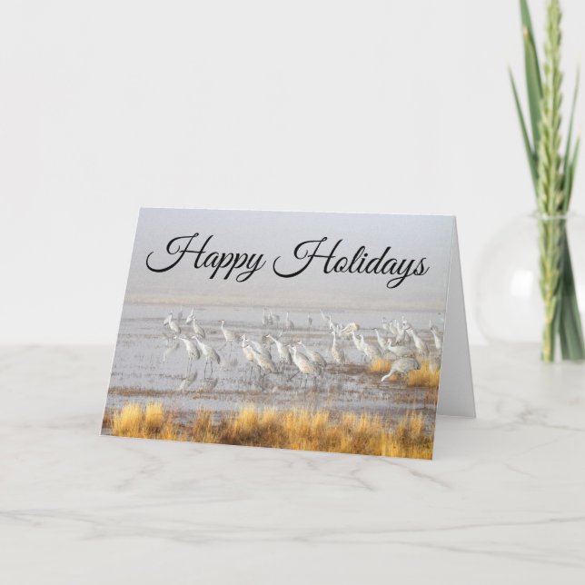 Tarjeta Festiva Misty Sandhill Cranes Felices Fiestas (Anverso)