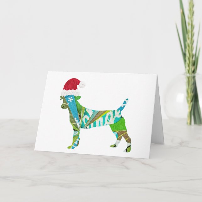 Tarjeta Festiva Mixed media collage art DOG PUPPY in Santa Hat (Anverso)