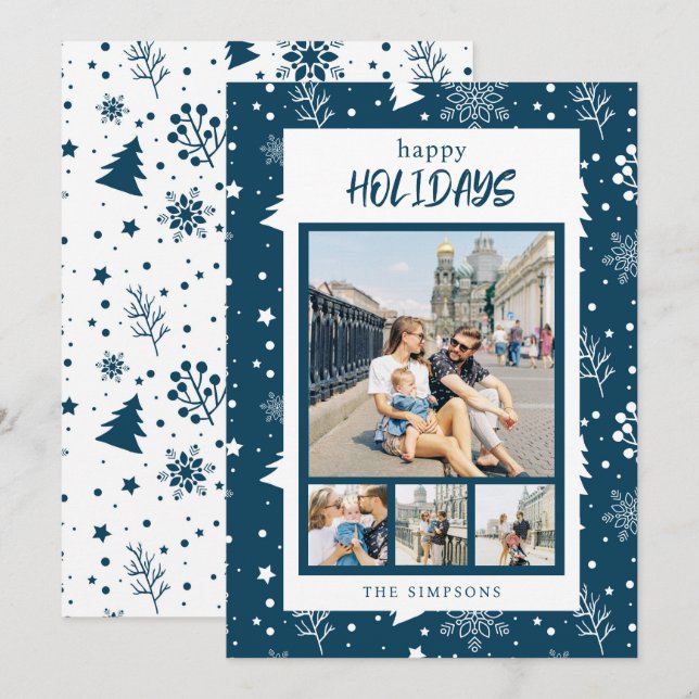 Tarjeta Festiva Moda 4 Collage de fotos Blue Happy Holidays Card (Anverso / Reverso)