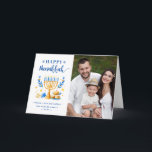 Tarjeta Festiva Moda Azul Paz Amor Latkes Feliz Hanukkah Foto<br><div class="desc">Envíe sus deseos con esta tarjeta fotográfica de vacaciones que incluye una escritura Hanukkah y símbolos de vacaciones judías acuarelas para resaltar su mensaje de bienvenida.</div>
