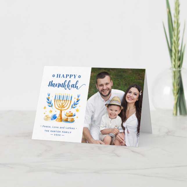 Tarjeta Festiva Moda Azul Paz Amor Latkes Feliz Hanukkah Foto (Anverso)