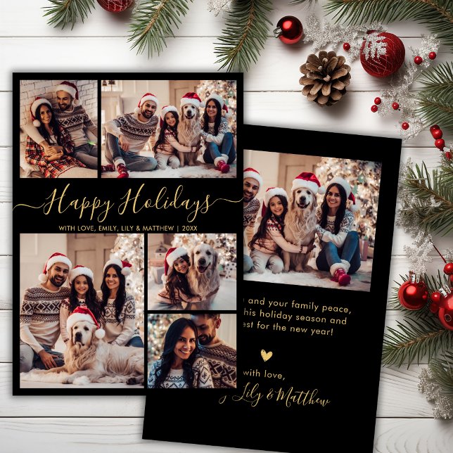 Tarjeta Festiva Moda Black and Gold Happy Holidays Script 5 Photo (Subido por el creador)