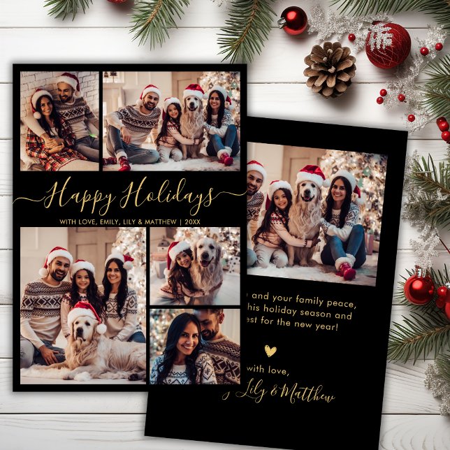 Tarjeta Festiva Moda Black and Gold Happy Holidays Script 5 Photo (Subido por el creador)