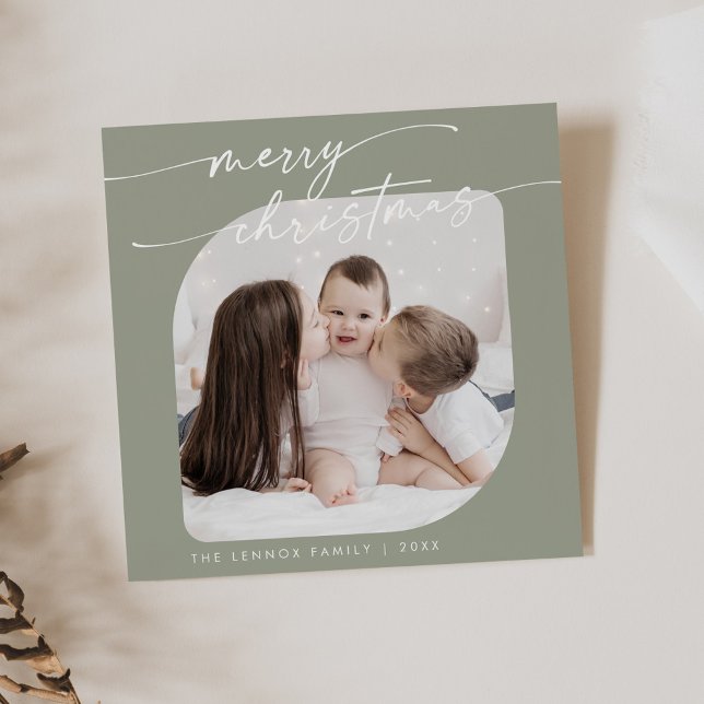 Tarjeta Festiva Moda Boho Sage Green Photo Cute Navidades familiar (Subido por el creador)