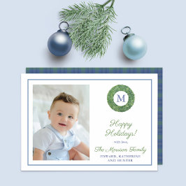 Tarjeta Festiva Moda Boxwood Wreath Monograma Familia Tartán Foto 