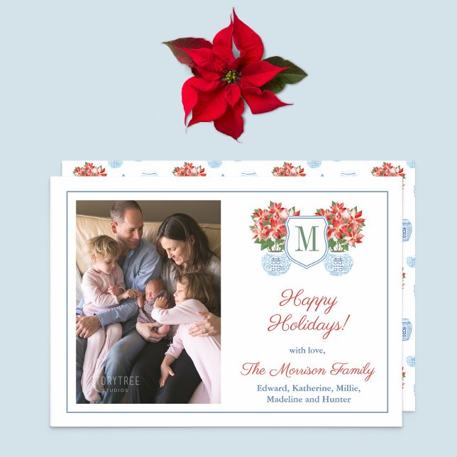Tarjeta Festiva Moda Chinoiserie Navidades de fotografía de la fam (Holidays Card Design: Elegant Red Poinsettia in ginger jar planter, monogram crest & family photo. )