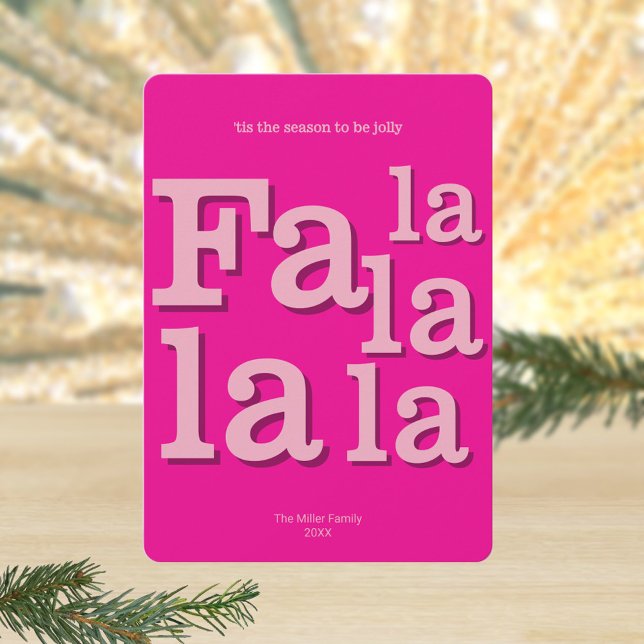 Tarjeta Festiva Moda Fa La Caliente Rosa Simple Typografía (Simple modern graphic typography plus trendy hot pink makes these custom Christmas cards stand out)