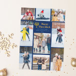 Tarjeta Festiva Moda Feliz Collage de fotos de la familia Hanukkah<br><div class="desc">personalizable de moda Collage de fotos de la familia judía Hanukkah con una colección de fotos del invierno. Añade 9 de tus recuerdos favoritos de Chanukah en este moderno diseño de 9 fotografías alrededor de una menorah y un guión de oro. Feliz Hanukkah.</div>