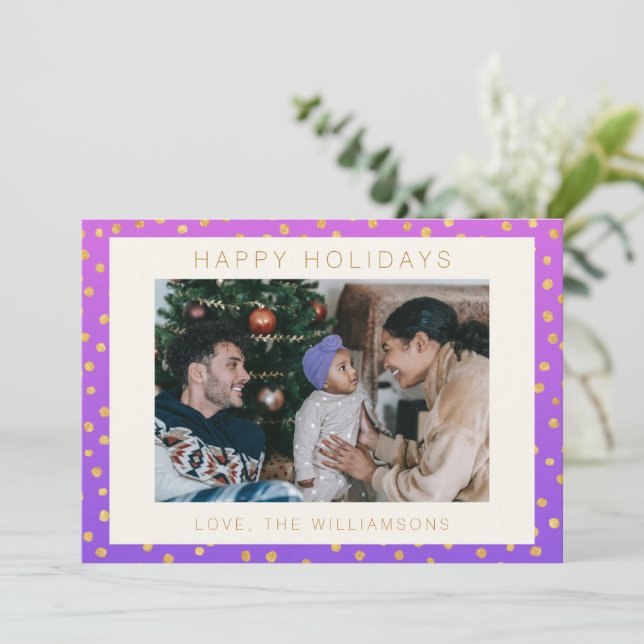 Tarjeta Festiva Moda Glam Purple Gold Polka Dot Personalizado Foto (Anverso de pie)