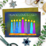 Tarjeta Festiva Moda Hanukkah Boho Velas de Paz Luz de Amor Verde<br><div class="desc">"Paz, amor y luz". Un ilustracion juguetón, moderno y artístico de velas de patrón boho en una menorah te ayuda a iniciar las vacaciones de Hanukkah. Las variadas velas azules con coloridos estampados de Relieve metalizado falso dominan un rico fondo verde y texturado. Relieve metalizado falso de patrón de diamante...</div>