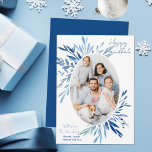 Tarjeta Festiva Moda Happy Hanukkah Blue BotanFamily Photo<br><div class="desc">Hermosas hojas botánicas de acuarela azul surgen de tu fotografía vertical de la familia judía para un Hanukkah feliz. Personalice esta tarjeta de foto de moda Chanukah.</div>