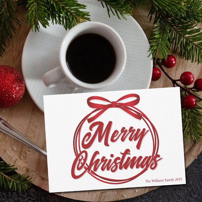 Tarjeta Festiva Moda Merry Christmas Script Red Ribbon Bow (Subido por el creador)