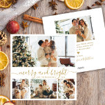 Tarjeta Festiva Moda Merry y Bright Gold Script 4 Collage de fotos<br><div class="desc">Elegante "Merry and Bright" Gold Script 4 Collage de fotos Tarjeta de Navidades. Esta elegante y minimalista tarjeta de vacaciones cuenta con cuatro fotos en la parte delantera y una en la parte trasera. La parte delantera muestra un caprichoso saludo "Merry and Bright" en un elegante guión con letras doradas...</div>