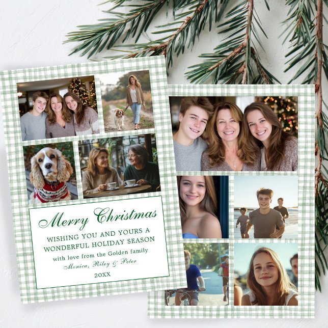 Tarjeta Festiva Moda Navidades de Gingham Personalizado 9 Collage  (Chic Gingham Christmas Custom 9 Photo Collage Holiday Card
)