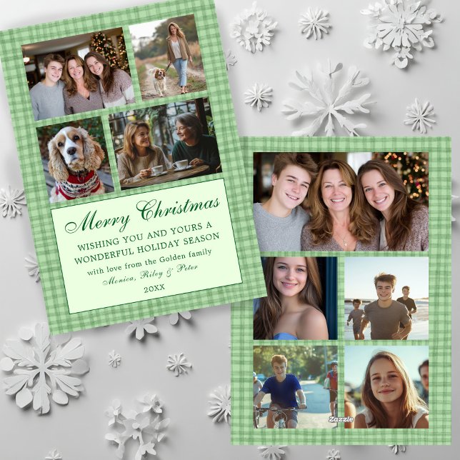 Tarjeta Festiva Moda Navidades de Gingham Personalizado 9 Collage  (Chic Gingham Christmas Custom 9 Photo Collage Holiday Card
)