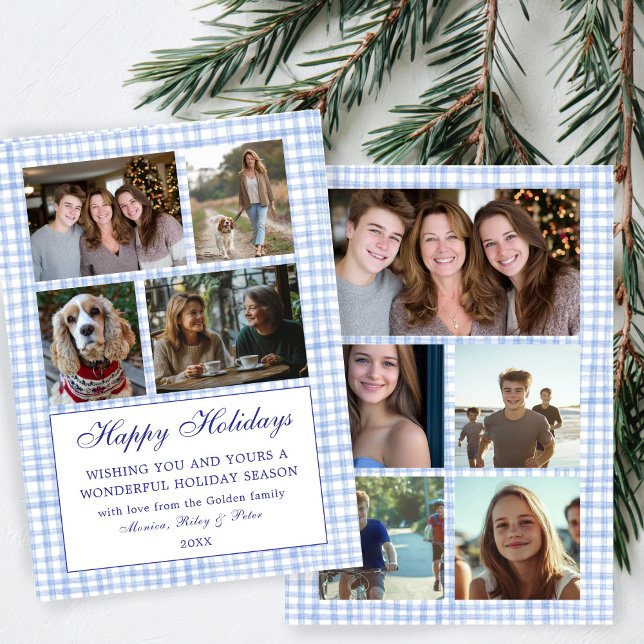 Tarjeta Festiva Moda Navidades de Gingham Personalizado 9 Collage  (Chic Preppy Cute Gingham Christmas Hanukkah Custom 9 Photo Collage Blue White Holiday Card
)