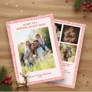 Tarjeta Festiva Moda Navidades de Gingham Personalizado Rojo Rosa
