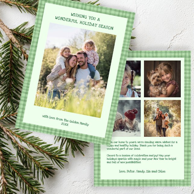 Tarjeta Festiva Moda Navidades de Gingham Personalizado Verde 5 Fo (Chic Gingham Christmas Green Custom 5 Photo Preppy Holiday Card
)
