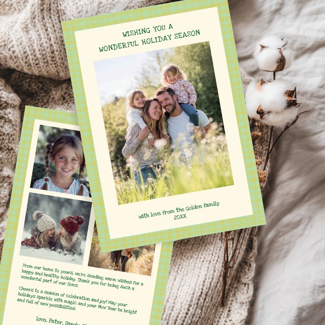 Tarjeta Festiva Moda Navidades de Gingham Personalizado Verde Amar (Chic Gingham Christmas Yellow Green Custom 5 Family Photo Collage Holiday Card
)