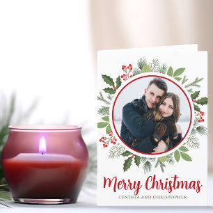 Tarjeta Festiva Moda Navidades de Red Holly Wreath Foto doblada