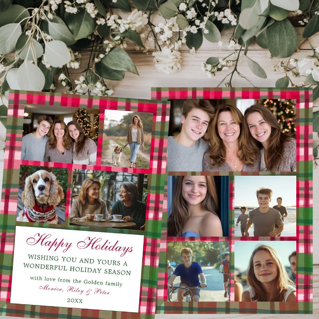 Tarjeta Festiva Moda Navidades Personalizado 9 Collage de fotos Pr (Chic Handmade Watercolor Plaid Pattern Christmas Custom 9 Photo Collage Preppy Holiday Card
)