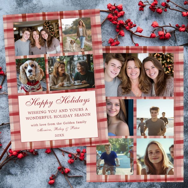 Tarjeta Festiva Moda Navidades Personalizado 9 Collage de fotos ro (Chic Preppy Watercolor Red Plaid Christmas Custom 9 Family Photo Collage Holiday Card
)