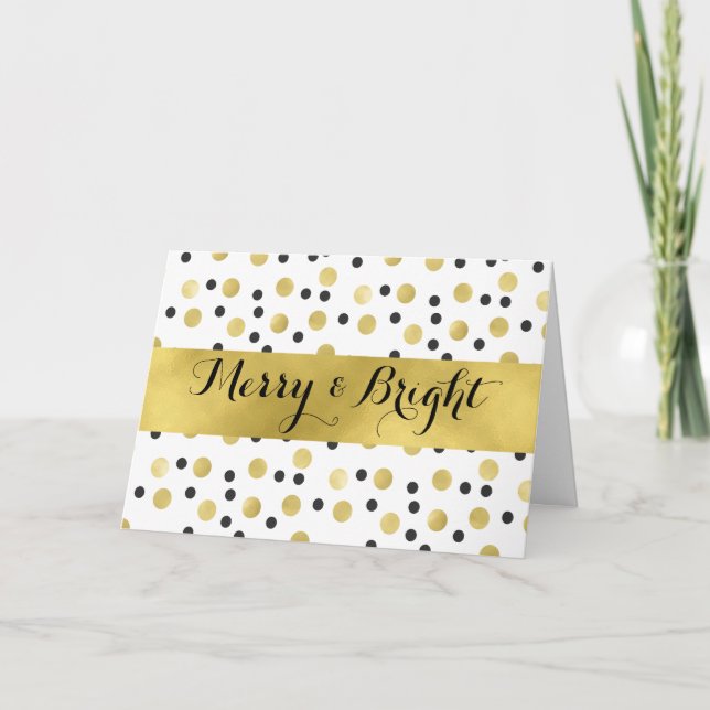 Tarjeta Festiva Moda Negro y oro Confetti Merry y Bright (Anverso)