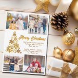 Tarjeta Festiva Moda Oro Collage de fotos de la familia de árboles<br><div class="desc">Una tarjeta de Navidades de guiones de oro de moda con el collage de fotos de tu familia alrededor de un hermoso árbol hecho de copos de nieve dorados con Feliz Navidad y tu mensaje personal. Personalice con sus 5 fotos favoritas para los niños y una fotografía vertical completa en...</div>