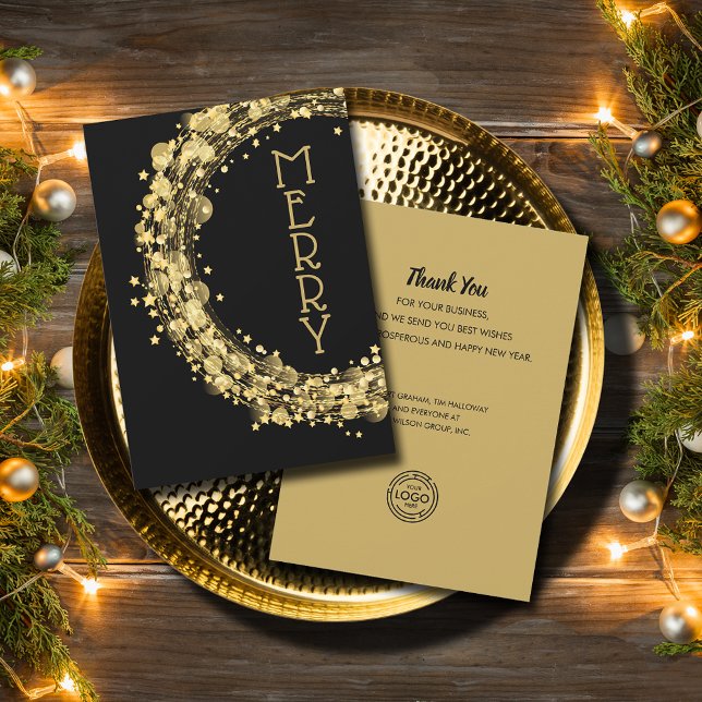 Tarjeta Festiva Moda Oro Stars Wreath Navidades Negocios (Chic gold stars wreath Merry Christmas on black holiday cards with your logo on the back)