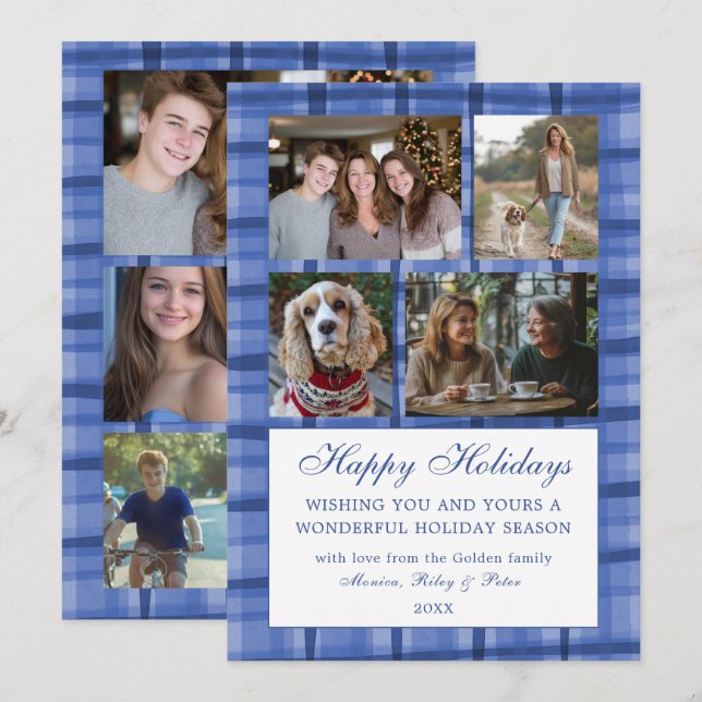 Tarjeta Festiva Moda Plaid HANUKKAH Personalizado 9 Collage de fot (Anverso / Reverso)