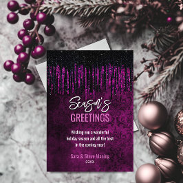 Tarjeta Festiva Moda purpurina morado negro gotea Navidades damasc