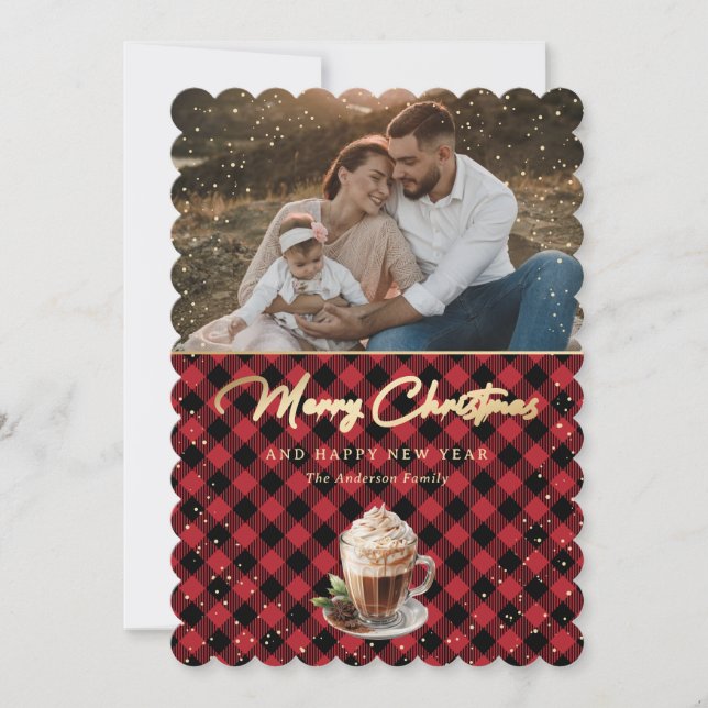 Tarjeta Festiva Moda Red Gold Plaid Photo Merry Christmas (Anverso)