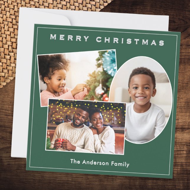 Tarjeta Festiva Moda Verde y Plata Faux 3 Fotos Personalizados Nav (A stylish forest green Christmas card to customize with 3 photos and your name(s) or message)