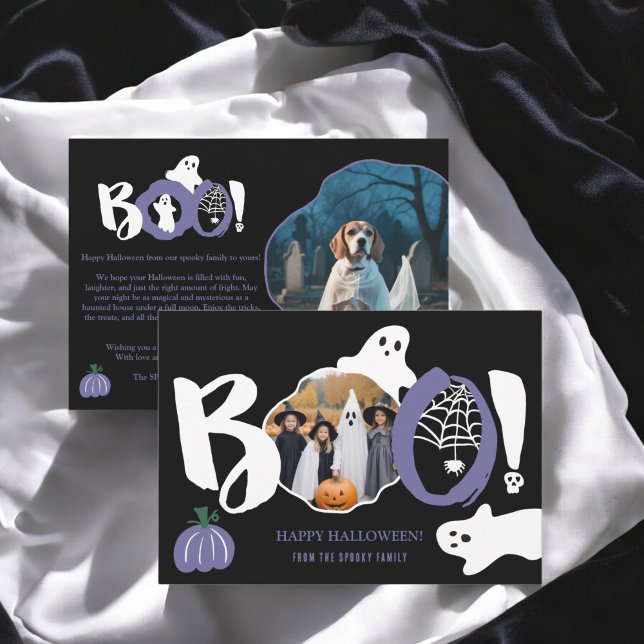 Tarjeta Festiva Moda violeta de moda Boo ghosts 2 fotos Halloween (Cute purple trendy Boo ghosts 2 photos Halloween Holiday Card)