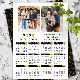 Tarjeta Festiva Modern 2026 Calendar Family 2 Photo Black Gold