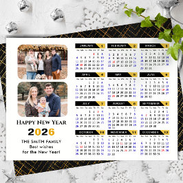 Tarjeta Festiva Modern 2026 Calendar Family 2 Photo Black Gold