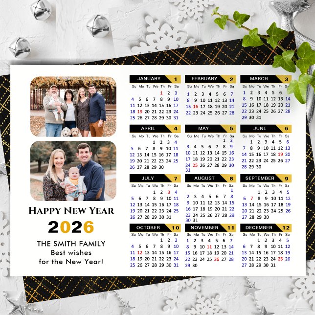 Tarjeta Festiva Modern 2026 Calendar Family 2 Photo Black Gold (Subido por el creador)
