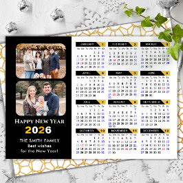 Tarjeta Festiva Modern 2026 Calendar Family 2 Photo Black Gold