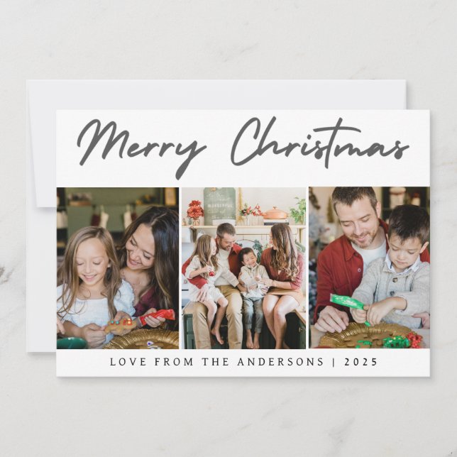 Tarjeta Festiva Modern 3 Photo Grid Merry Christmas Family (Anverso)