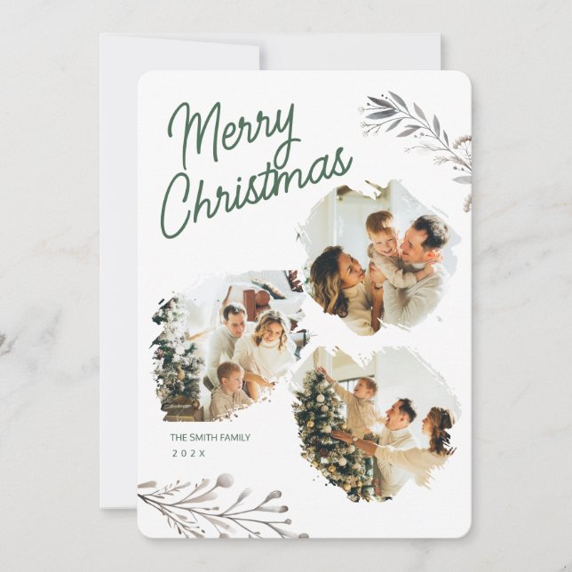 Tarjeta Festiva Modern 3 Photos Brushstroke Xmas Greeting Holiday (Anverso)
