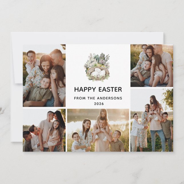 Tarjeta Festiva Modern 5 Photo Collage Happy Easter Nest Family (Anverso)