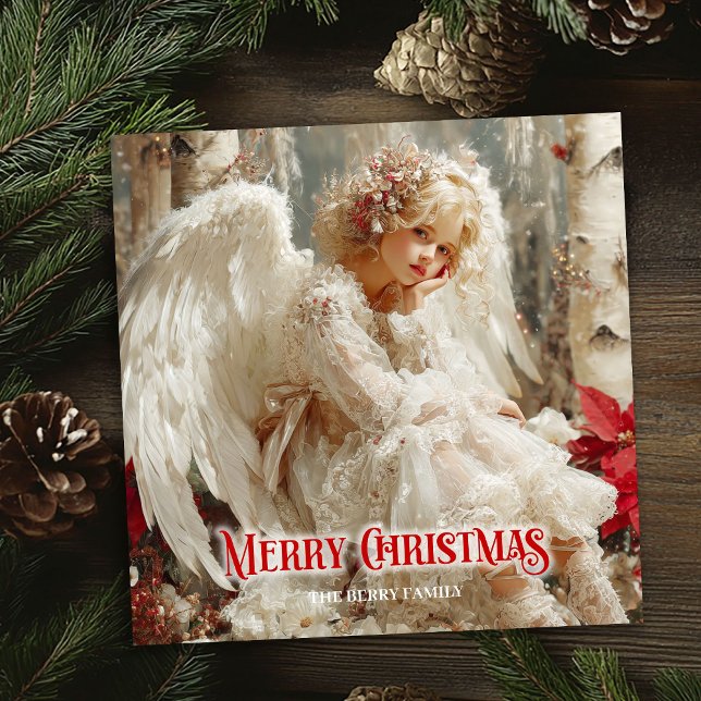 Tarjeta Festiva Modern angelic angel red poinsettias chic greeting (Modern angelic angel red poinsettias chic greeting Holiday Card)