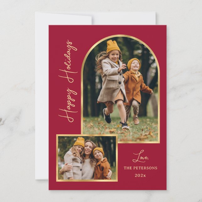 Tarjeta Festiva Modern Arch 3 Photo Burgundy Happy Holiday Card  (Anverso)