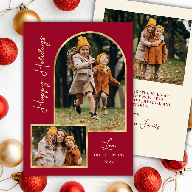 Tarjeta Festiva Modern Arch 3 Photo Burgundy Happy Holiday Card  (Subido por el creador)