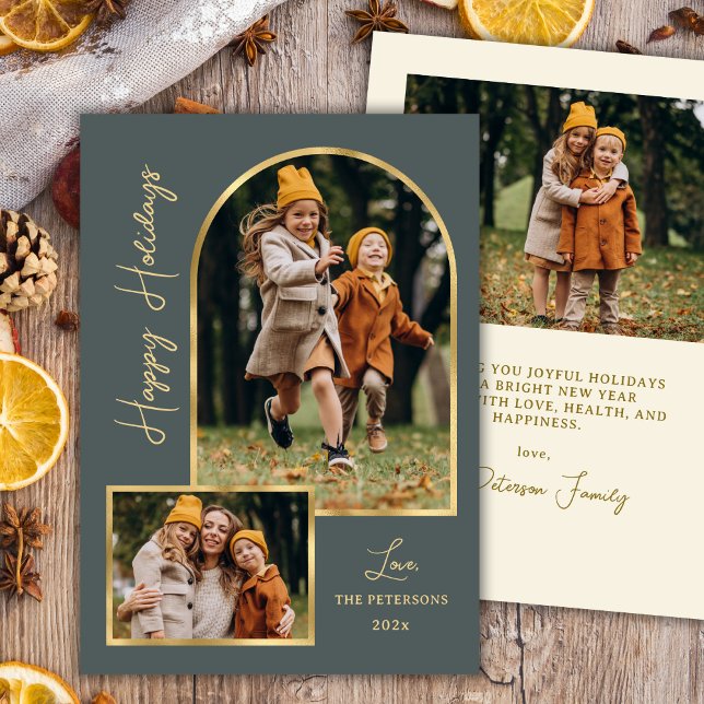 Tarjeta Festiva Modern Arch 3 Photo Green Happy Holiday Card  (Subido por el creador)