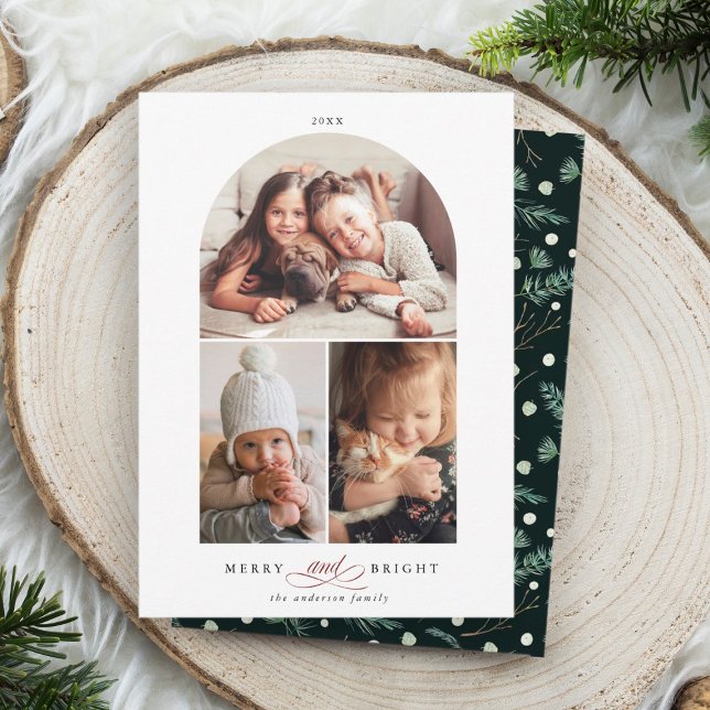 Tarjeta Festiva Modern Arch 3 Photo Merry & Bright (Subido por el creador)